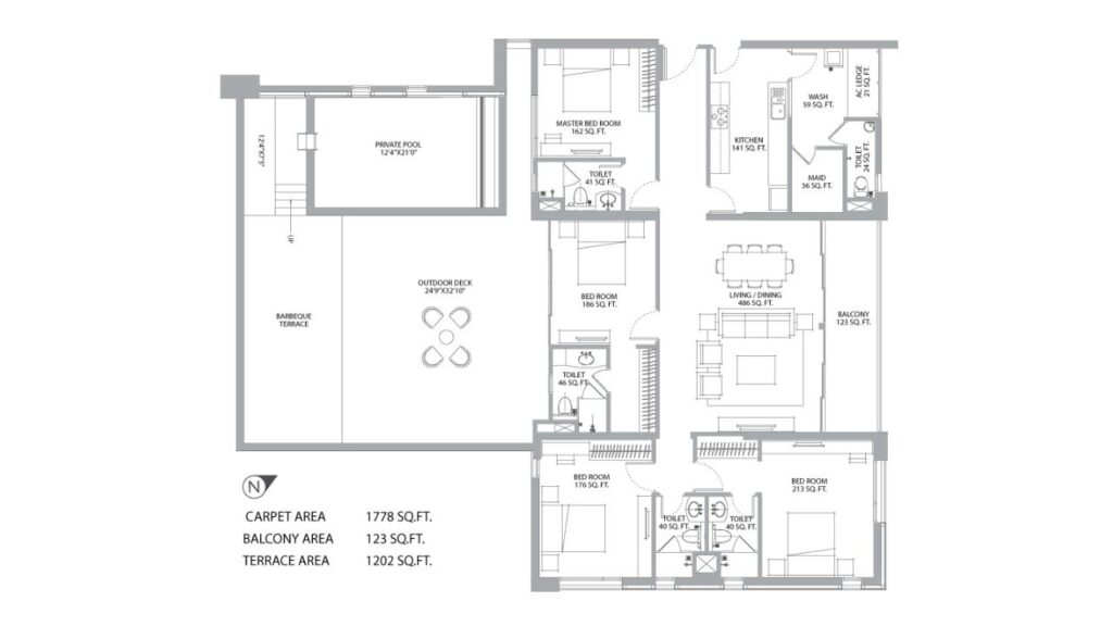 View from a spacious balcony of a 4 BHK luxury apartment at PS Aurus Kolkata showcasing the expansive cityscape and green surroundings near EM Bypass with 4BHK Floor plan