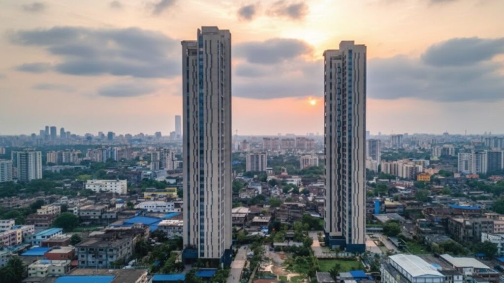 The grand exterior view of the modern, high-rise architectural design of PS Aurus Kolkata, a landmark luxury apartment complex situated strategically on EM Bypass Kolkata